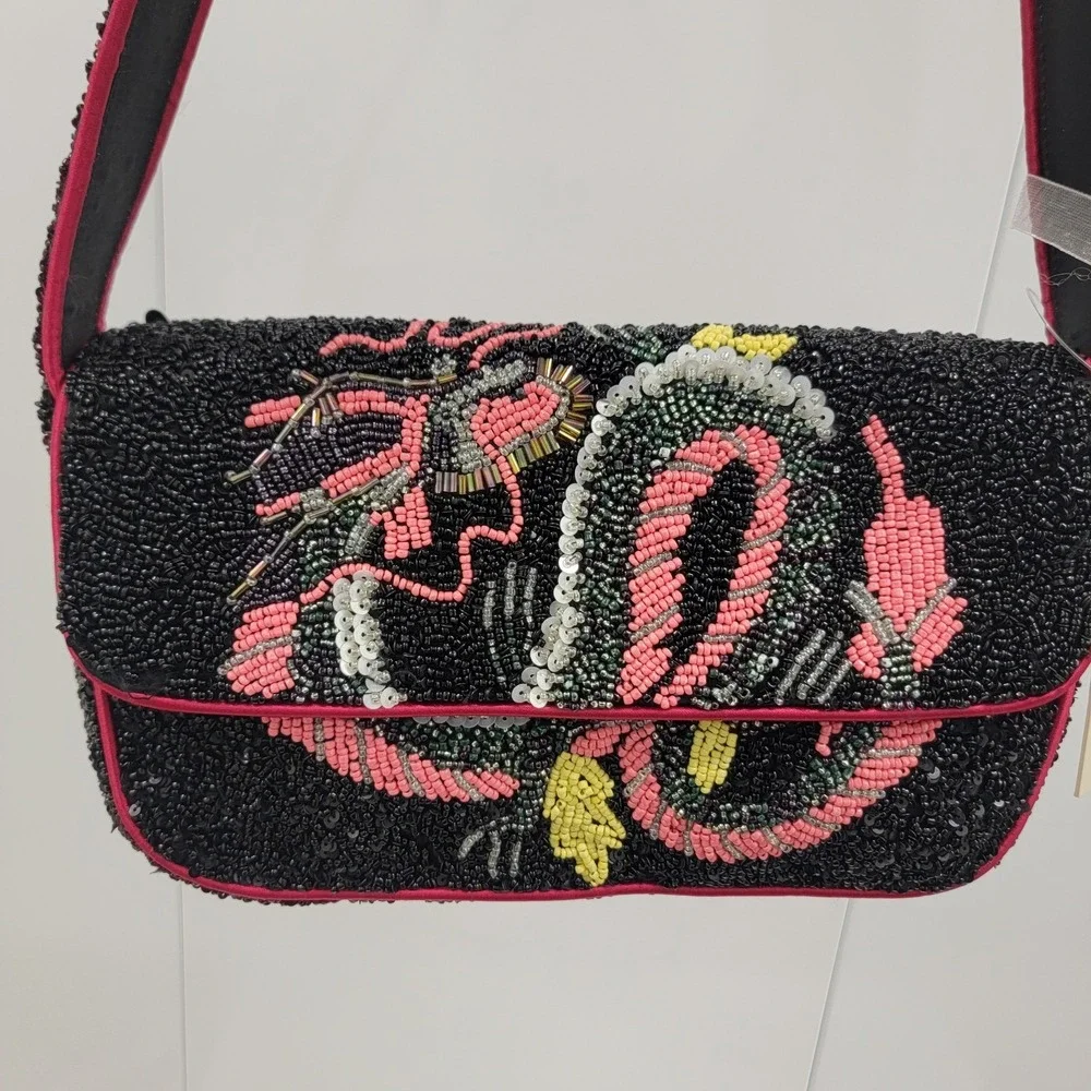 NWT Viral Tik Tok Snake Dragon Hand Beaded Black Shoulder Bag Made‎ In India